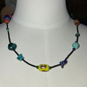 NWOT Vintage 19 Inch Black Seed Bead, Clay and Gemstone Necklace